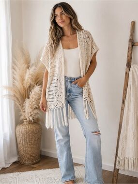 Women's Charming‎ Vintage Cream Lose Knit Kimono Size M